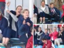 Three Royal cheers! Sophie, Countess of Wessex, is joined by Prince Edward and Lady Louise to celebrate England's score against Malaysia during Commonwealth Games